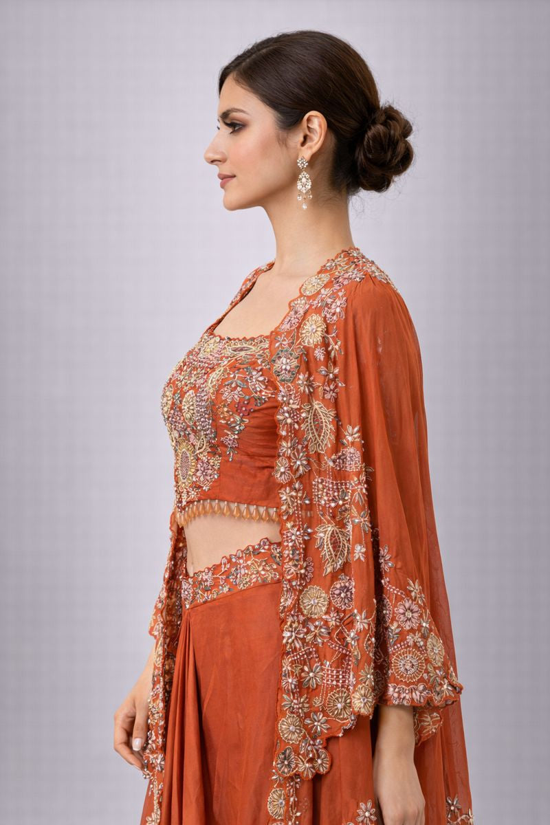 Crop Top Dhoti Style With Detachable Cape 