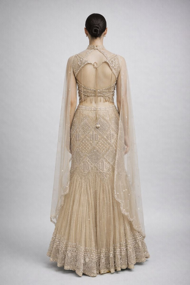 Crop Top  Fish Cut Lehenga With Detachable Cape 
