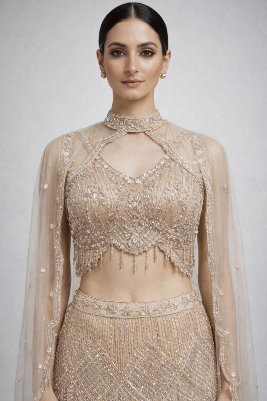 Crop Top  Fish Cut Lehenga With Detachable Cape 