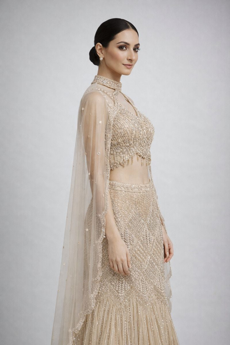 Crop Top  Fish Cut Lehenga With Detachable Cape 