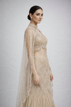 Crop Top  Fish Cut Lehenga With Detachable Cape 