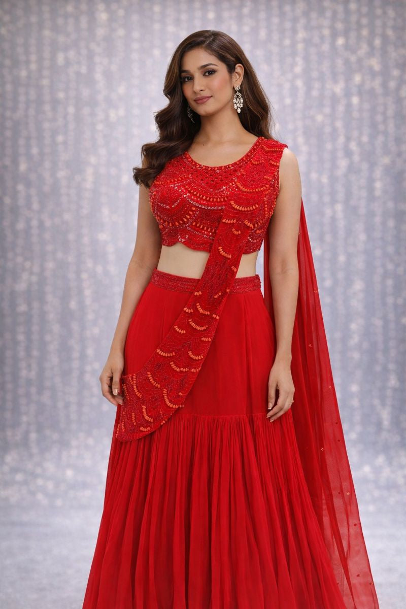 Crop Top Fish Cut Lehenga With Drape Style 