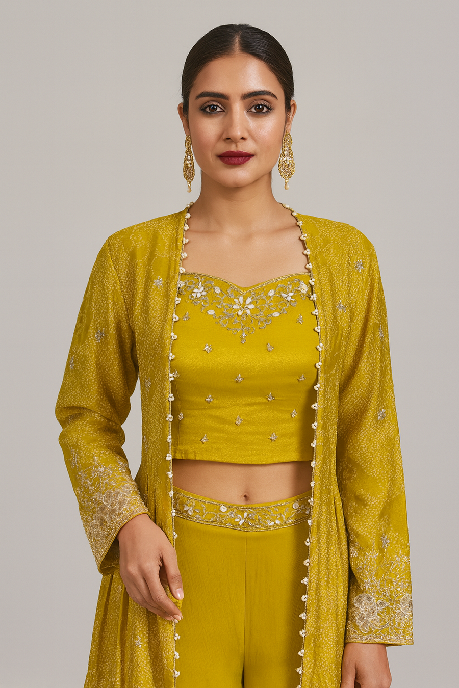 Crop Top Palazzo with Peplum Jacket front yellow profile