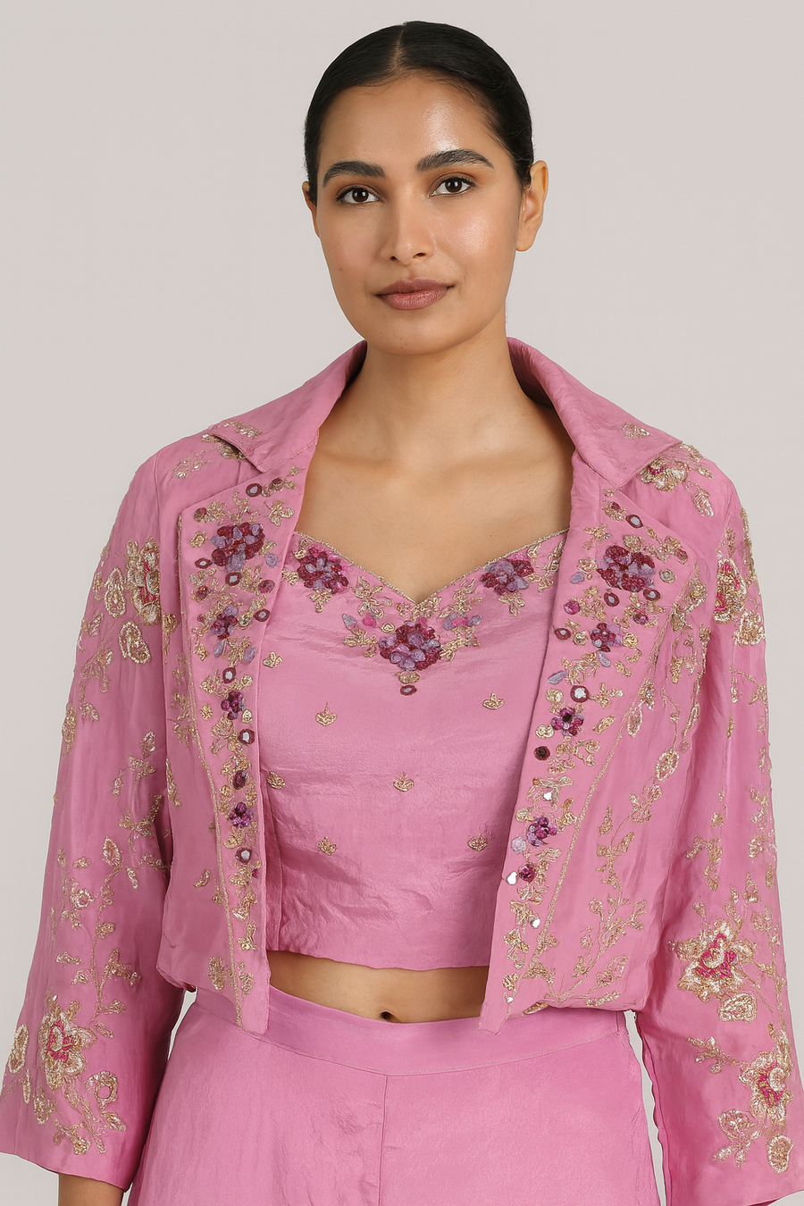 Crop Top Palazzo with Short Jacket pink front profile
