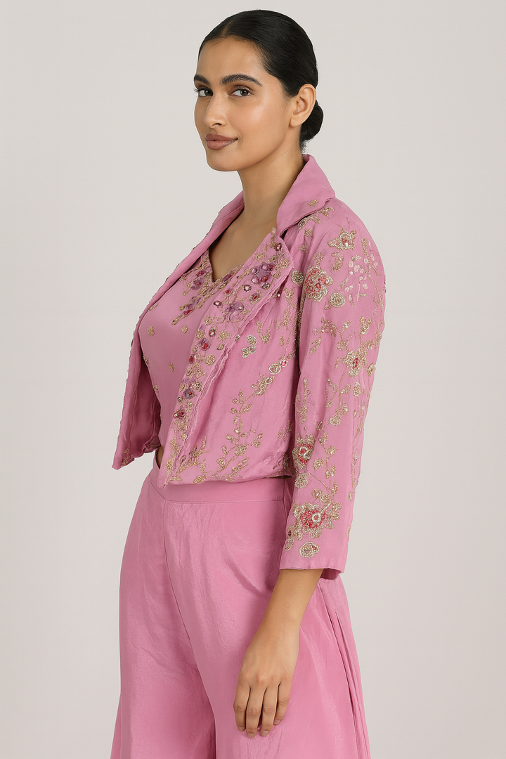 Crop Top Palazzo with Short Jacket pink sideprofile 