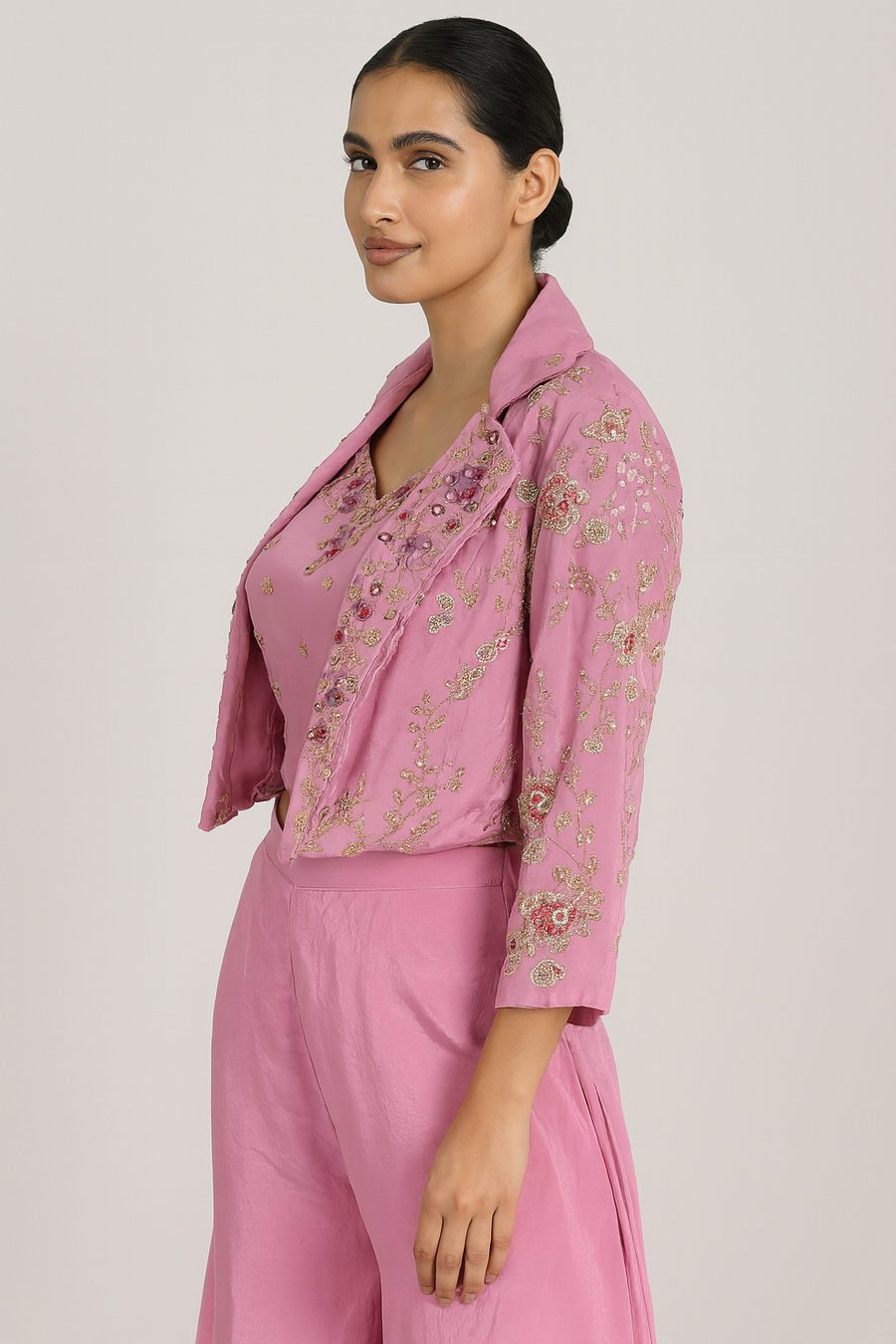 Crop Top Palazzo with Short Jacket pink sideprofile 