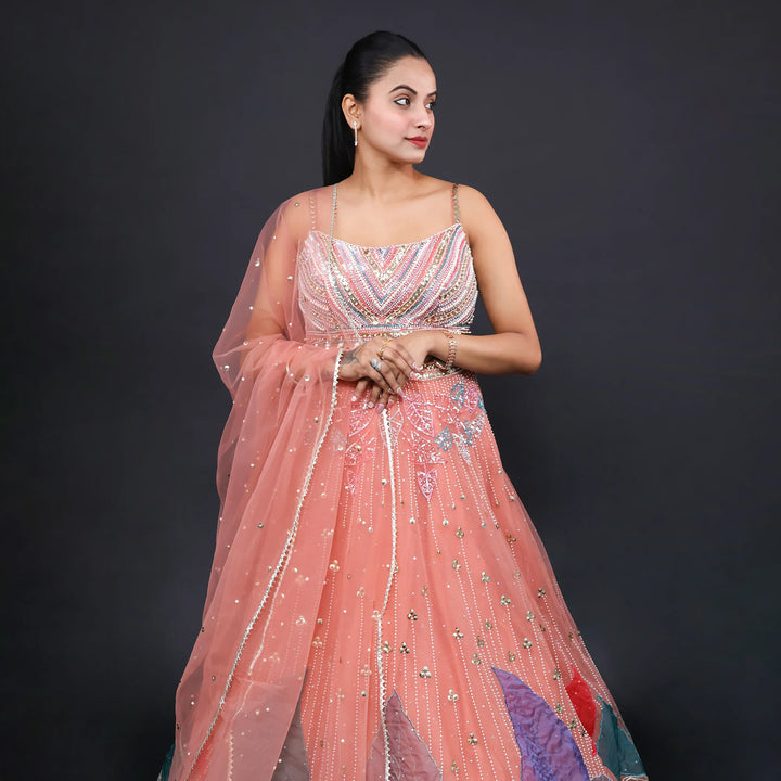 Dark Peach Crop Top Lehenga with Dupatta-Vastrachowk