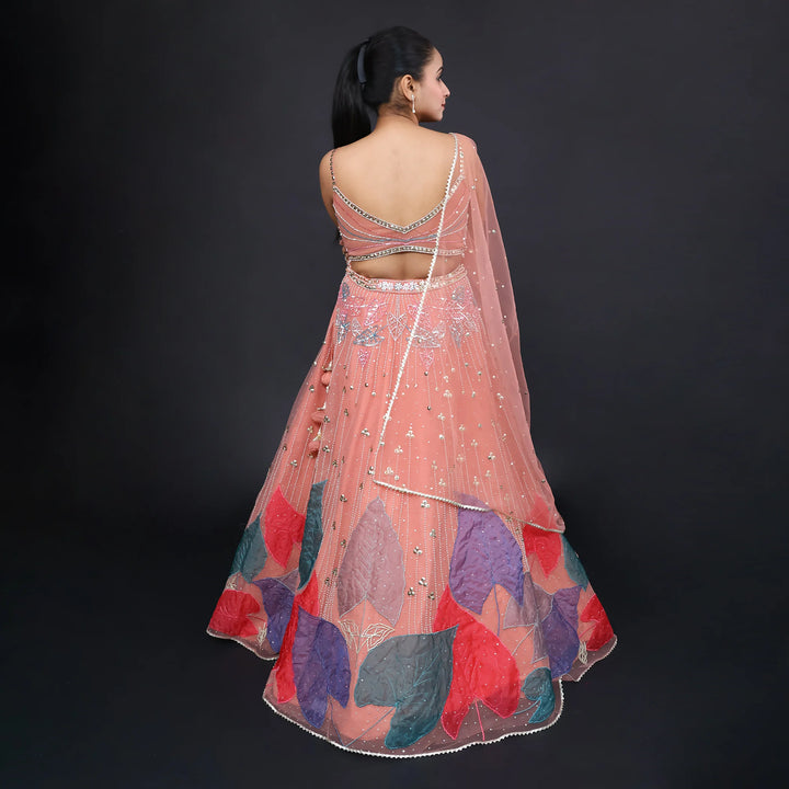 Dark Peach Crop Top Lehenga with Dupatta-Vastrachowk