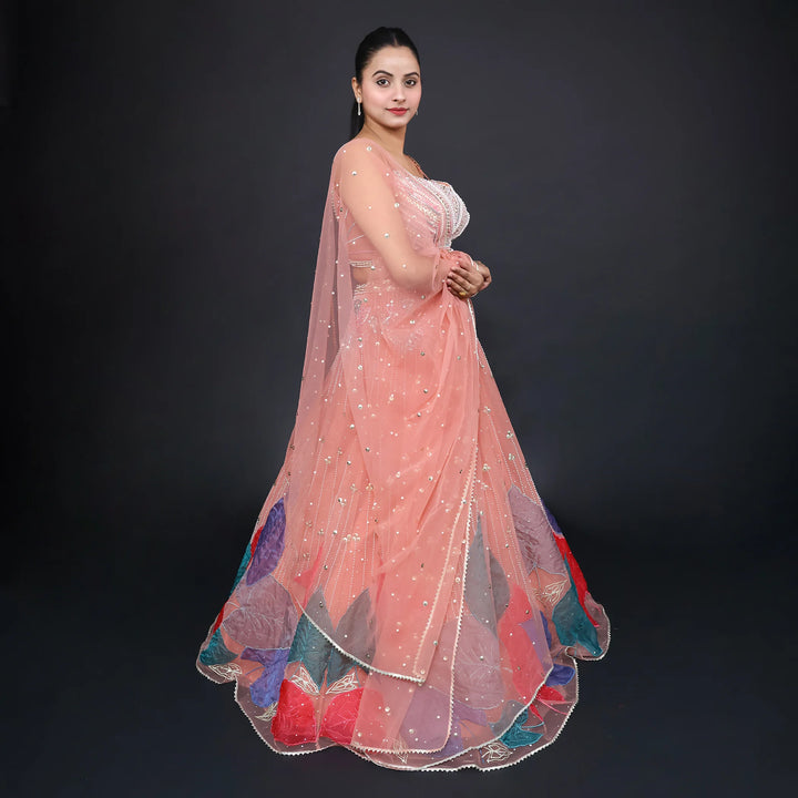 Dark Peach Crop Top Lehenga with Dupatta-Vastrachowk