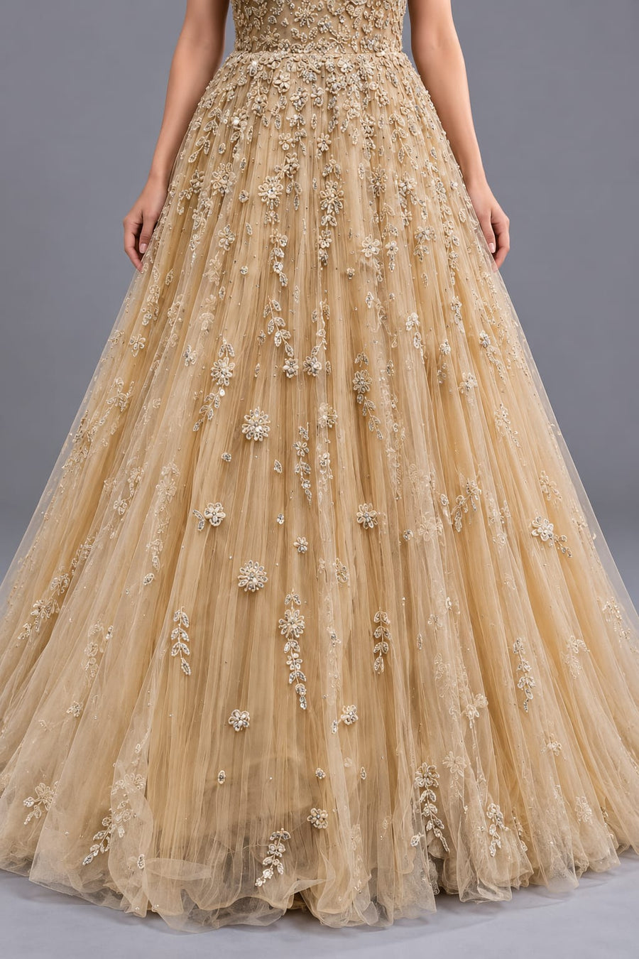 Designer Champagne Gold Floral Embroidered Net Gown with Flared Skirt