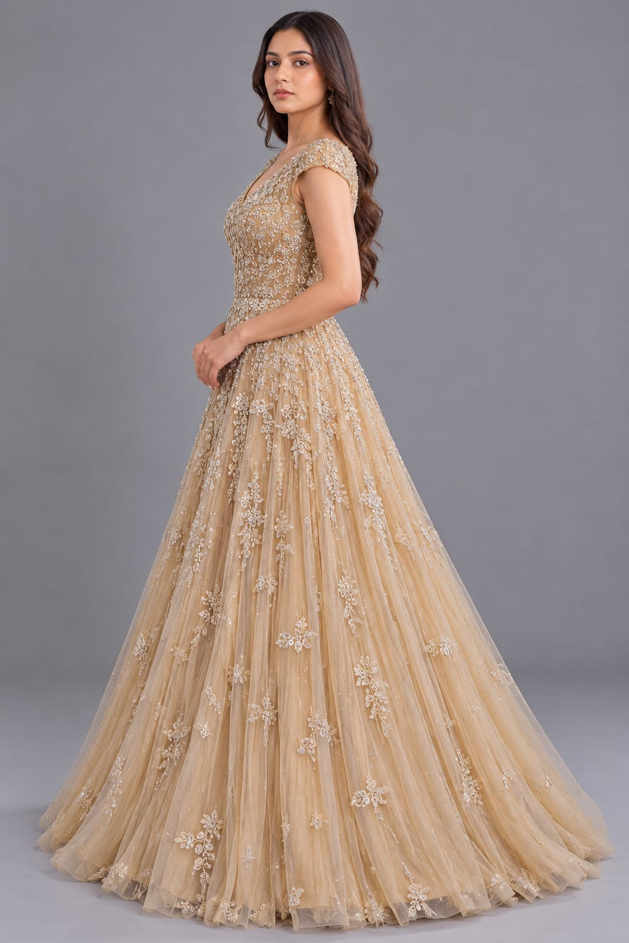 Designer Champagne Gold Floral Embroidered Net Gown with Flared Skirt