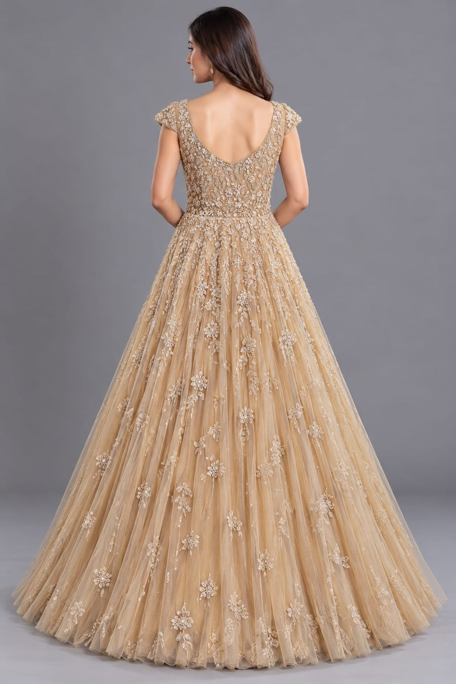 Designer Champagne Gold Floral Embroidered Net Gown with Flared Skirt