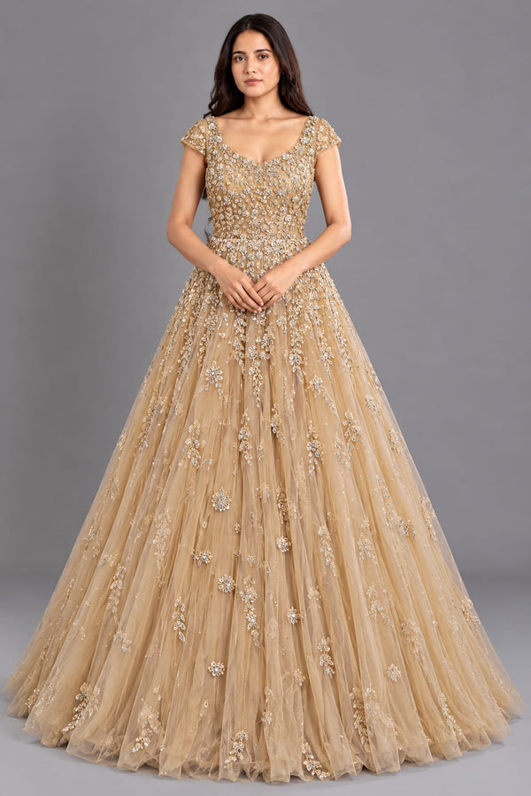 Designer Champagne Gold Floral Embroidered Net Gown with Flared Skirt