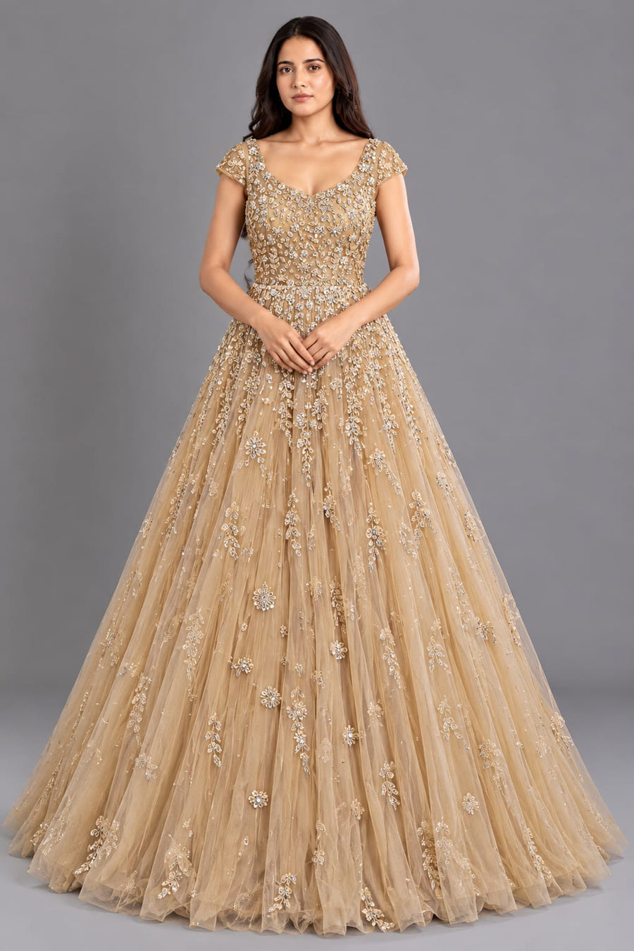 Designer Champagne Gold Floral Embroidered Net Gown with Flared Skirt