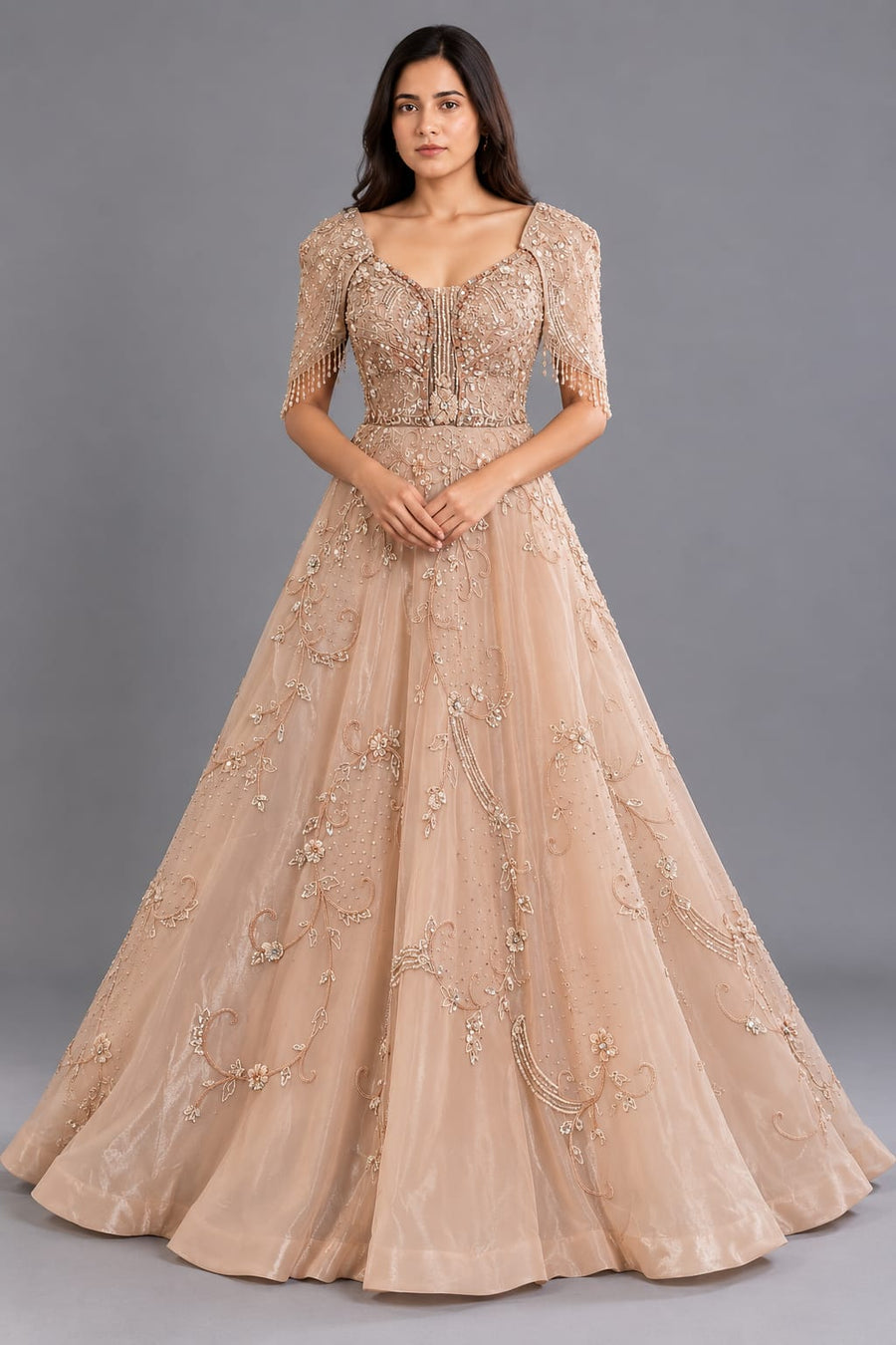Designer Chiku Embroidered A-Line Gown with Pearl Work for Engagement