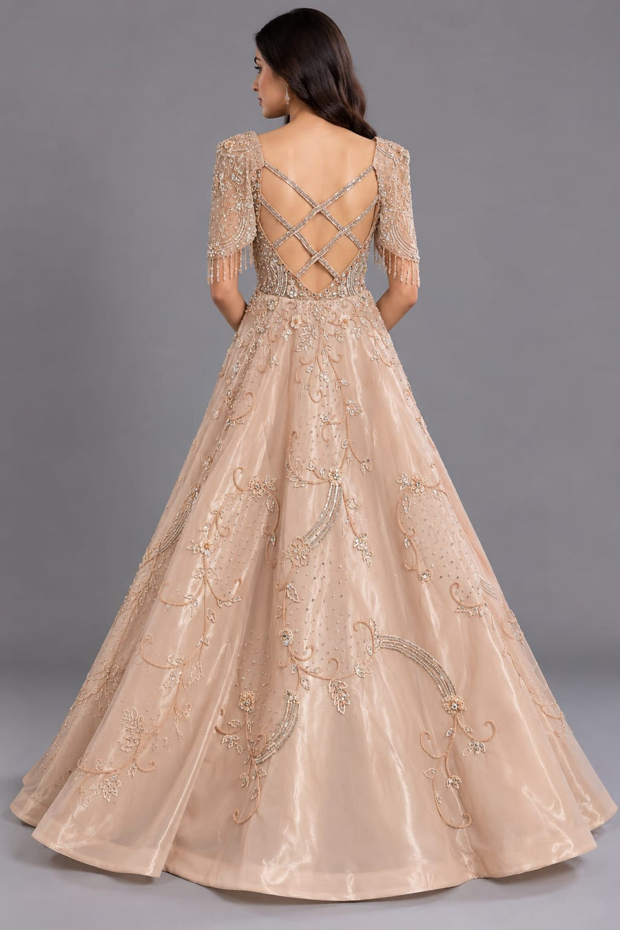 Designer Chiku Embroidered A-Line Gown with Pearl Work for Engagement