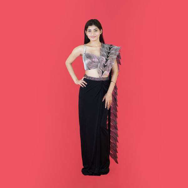 Designer Crop Top Drape Saree with Attached Dupatta