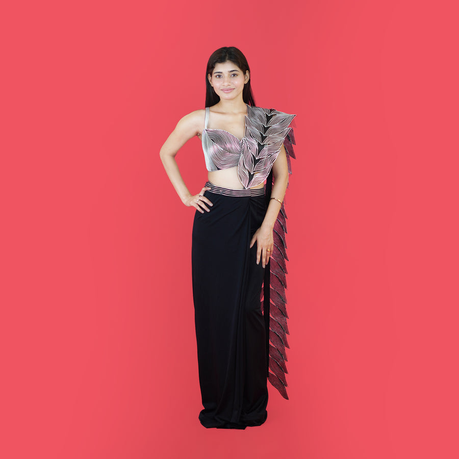 Designer Crop Top Drape Saree with Attached Dupatta