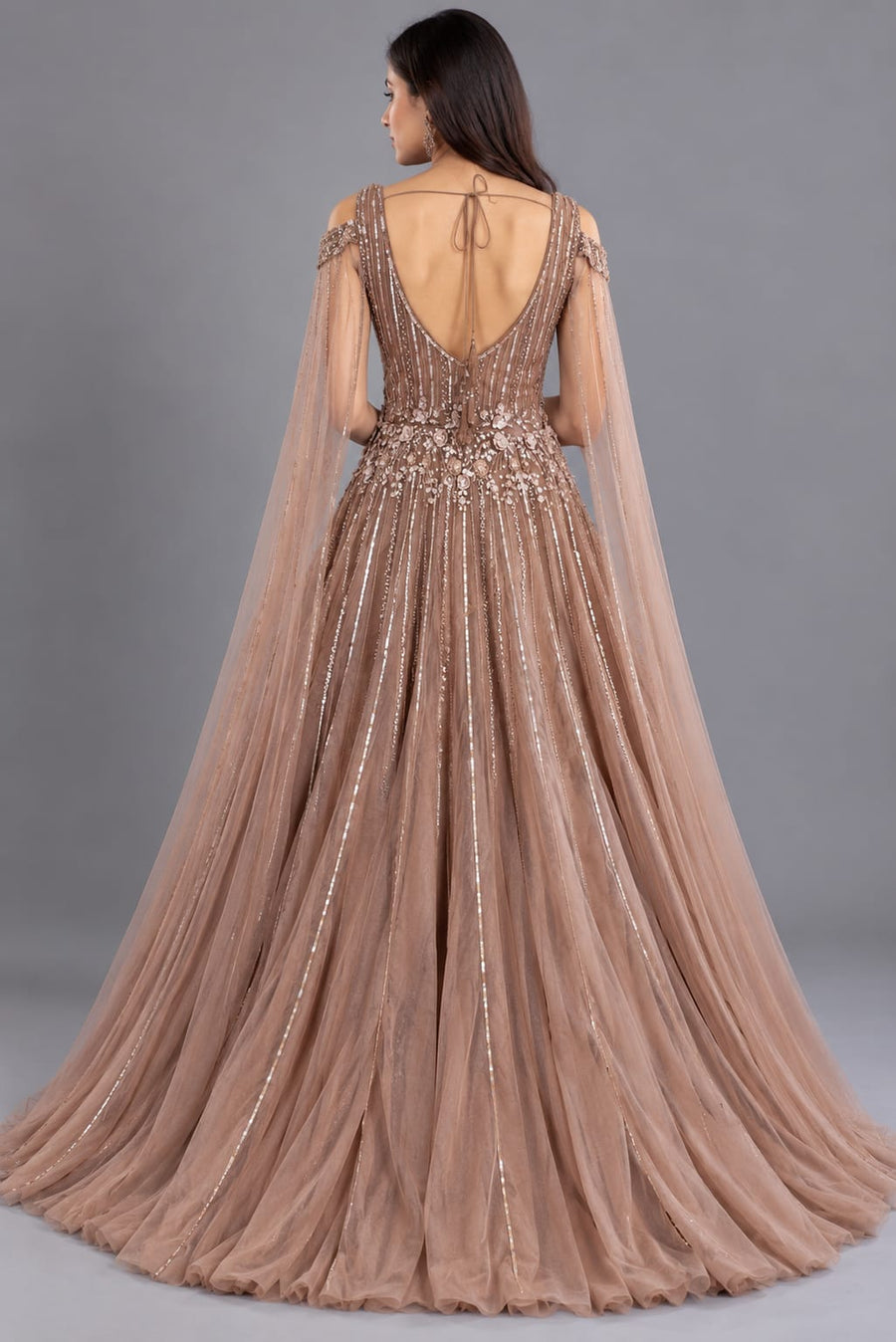 Designer Dusty Rose Pink Embroidered Net Gown with Cape Sleeves