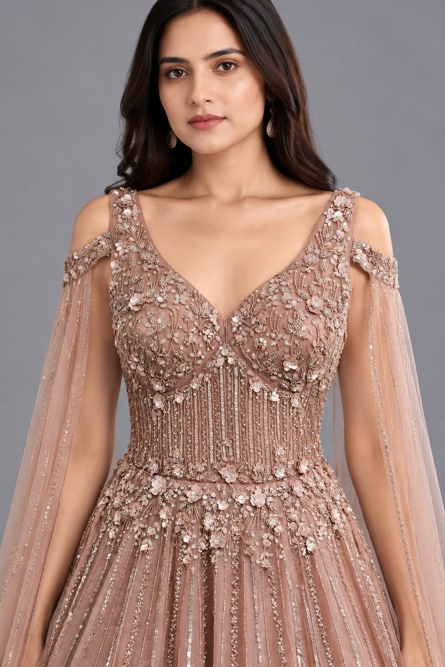 Designer Dusty Rose Pink Embroidered Net Gown with Cape Sleeves