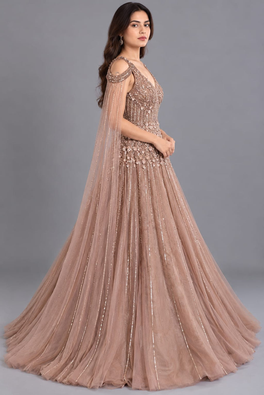 Designer Dusty Rose Pink Embroidered Net Gown with Cape Sleeves