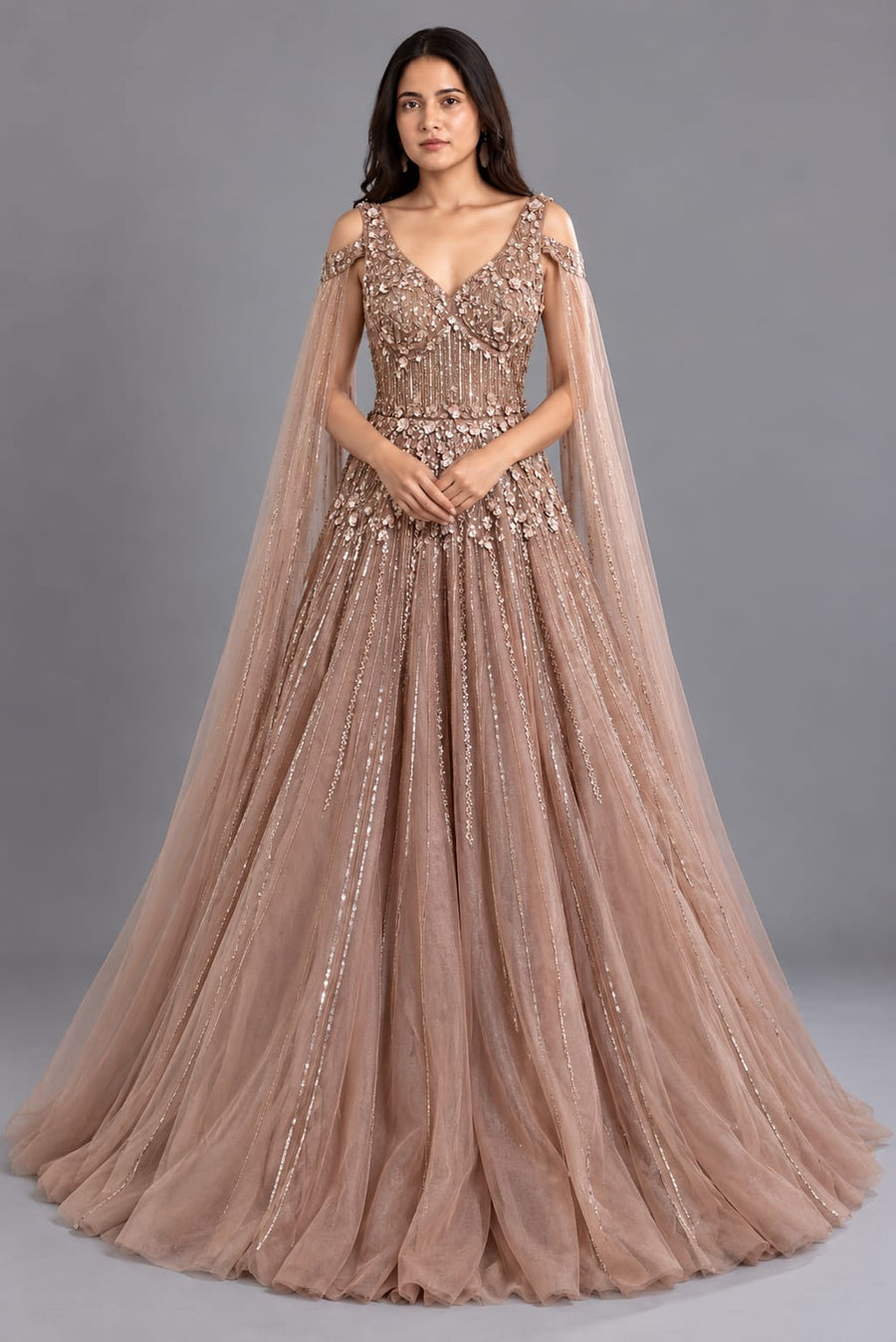 Designer Dusty Rose Pink Embroidered Net Gown with Cape Sleeves