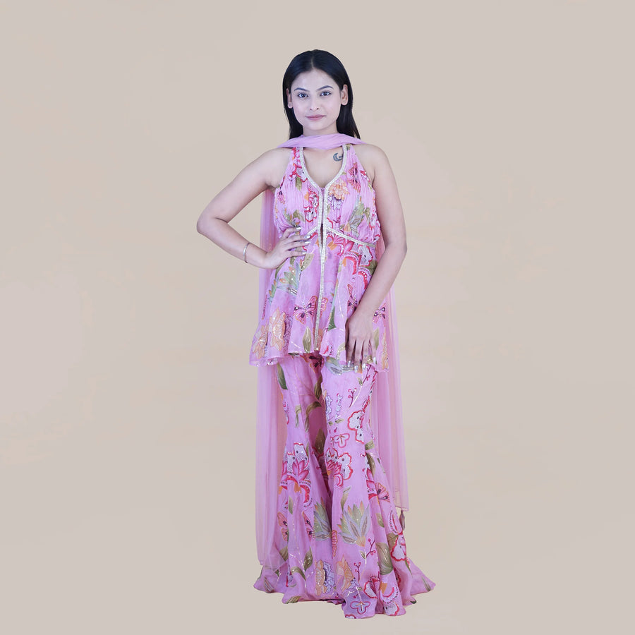 Designer Pink Peplum Sharara Suit