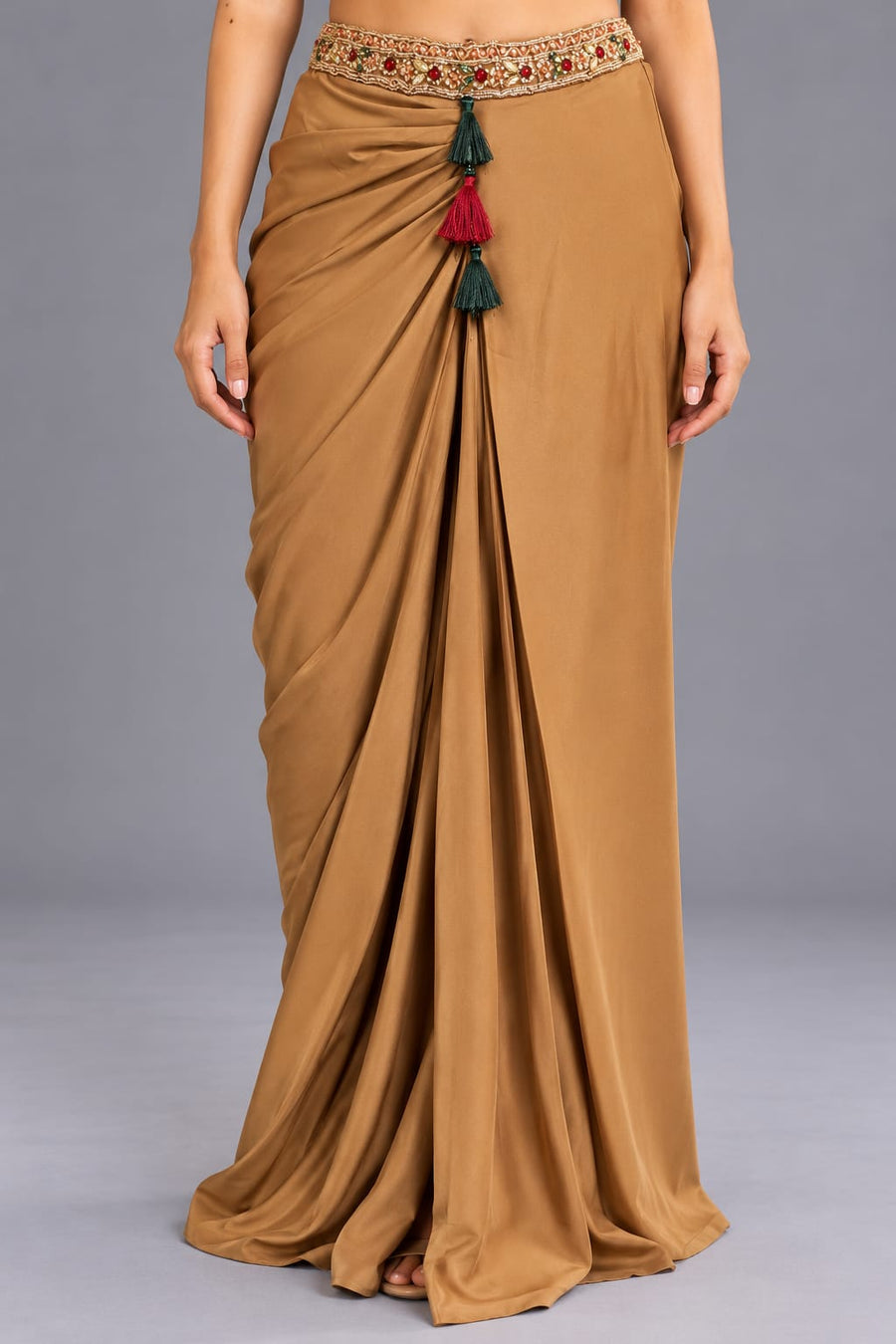 Gold Embellished Halter Neck Blouse with Draped Dhoti Skirt Set