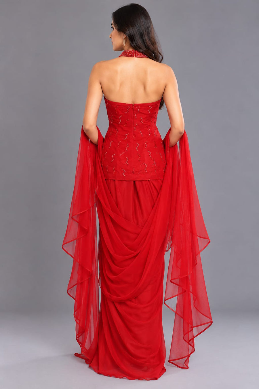 Red Embroidered Dhoti Set with Halter Neck Top & Flowing Drapes