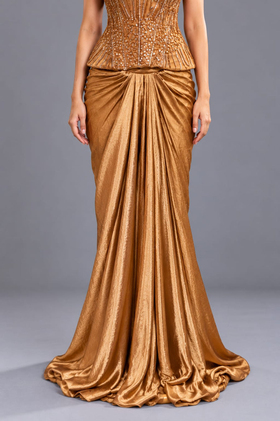 Copper Embellished Corset Top with Draped Dhoti Style Skirt