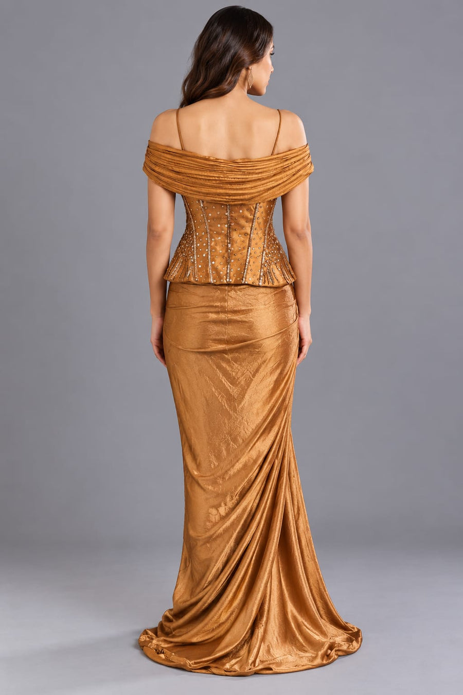 Copper Embellished Corset Top with Draped Dhoti Style Skirt