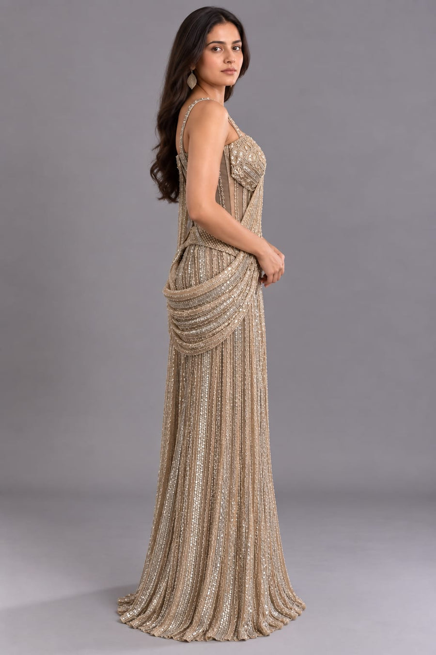 Champagne Gold Sequin Embellished Drape Saree Gown for Women | Vastrachowk