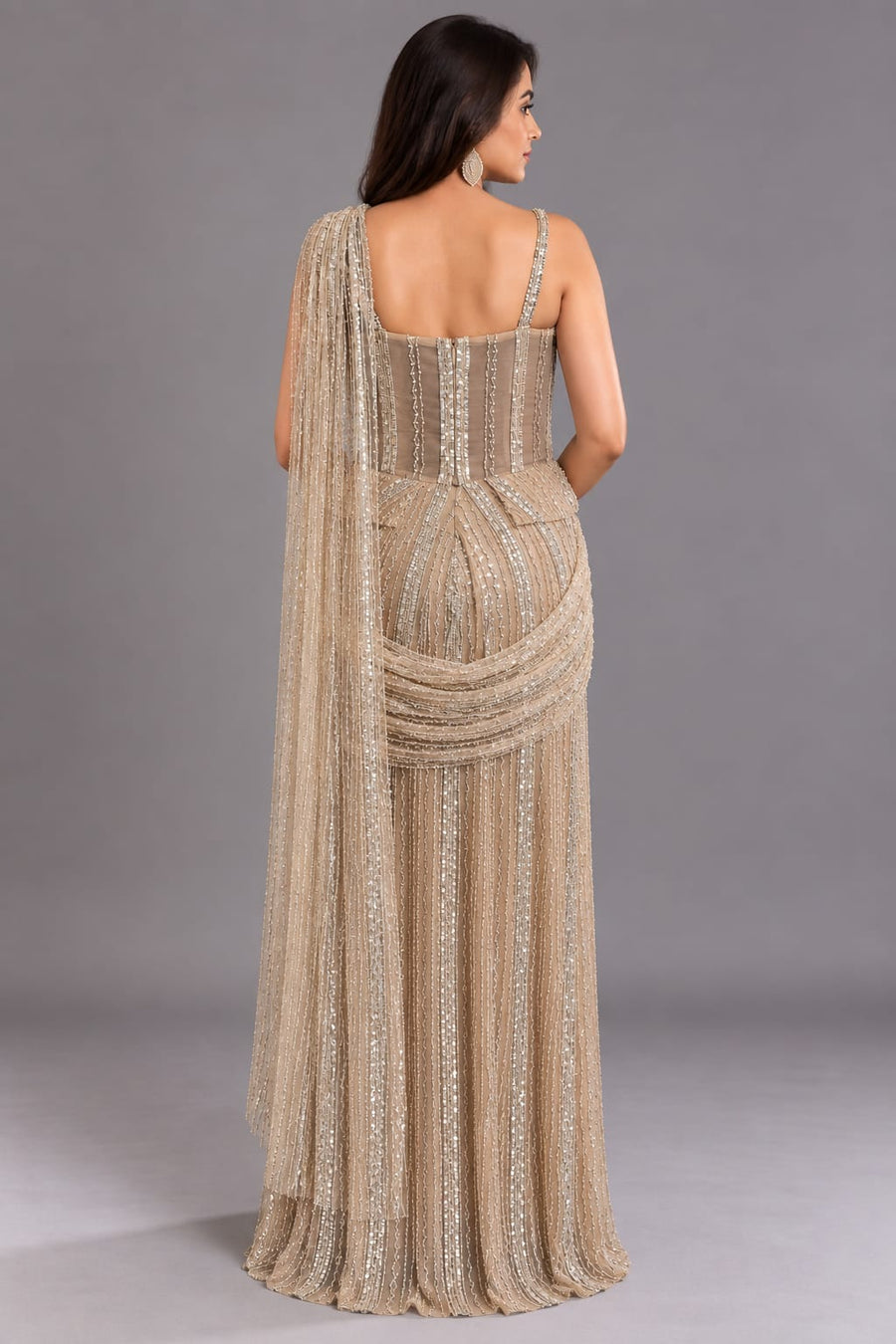 Champagne Gold Sequin Embellished Drape Saree Gown for Women | Vastrachowk