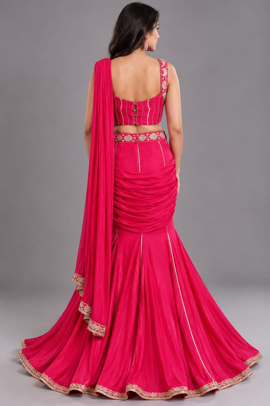 Rani Pink Designer Drape Saree with Embroidered Blouse | Vastrachowk