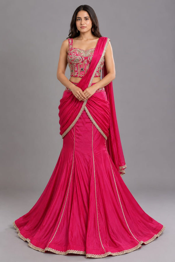 Rani Pink Designer Drape Saree with Embroidered Blouse | Vastrachowk