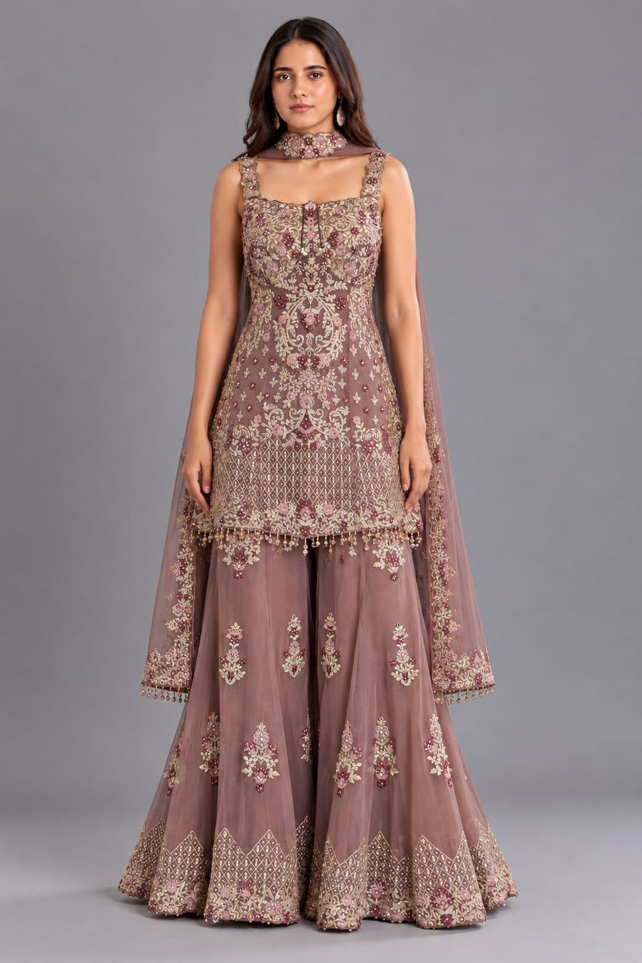 Dusty Mauve Embroidered Peplum Sharara Set with Choker Dupatta