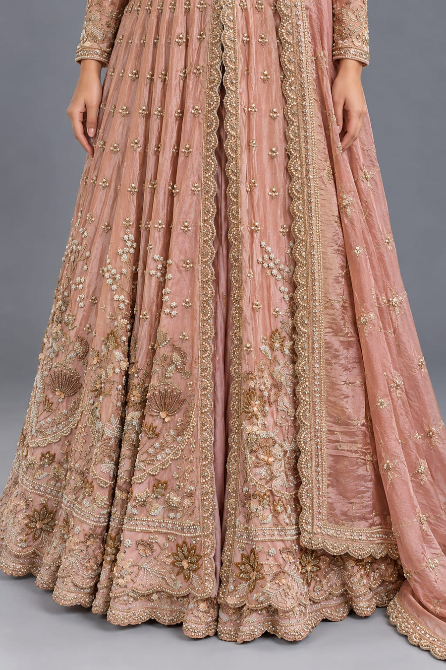 Dusty Pink Embroidered Anarkali Gown with Dupatta for Wedding Wear