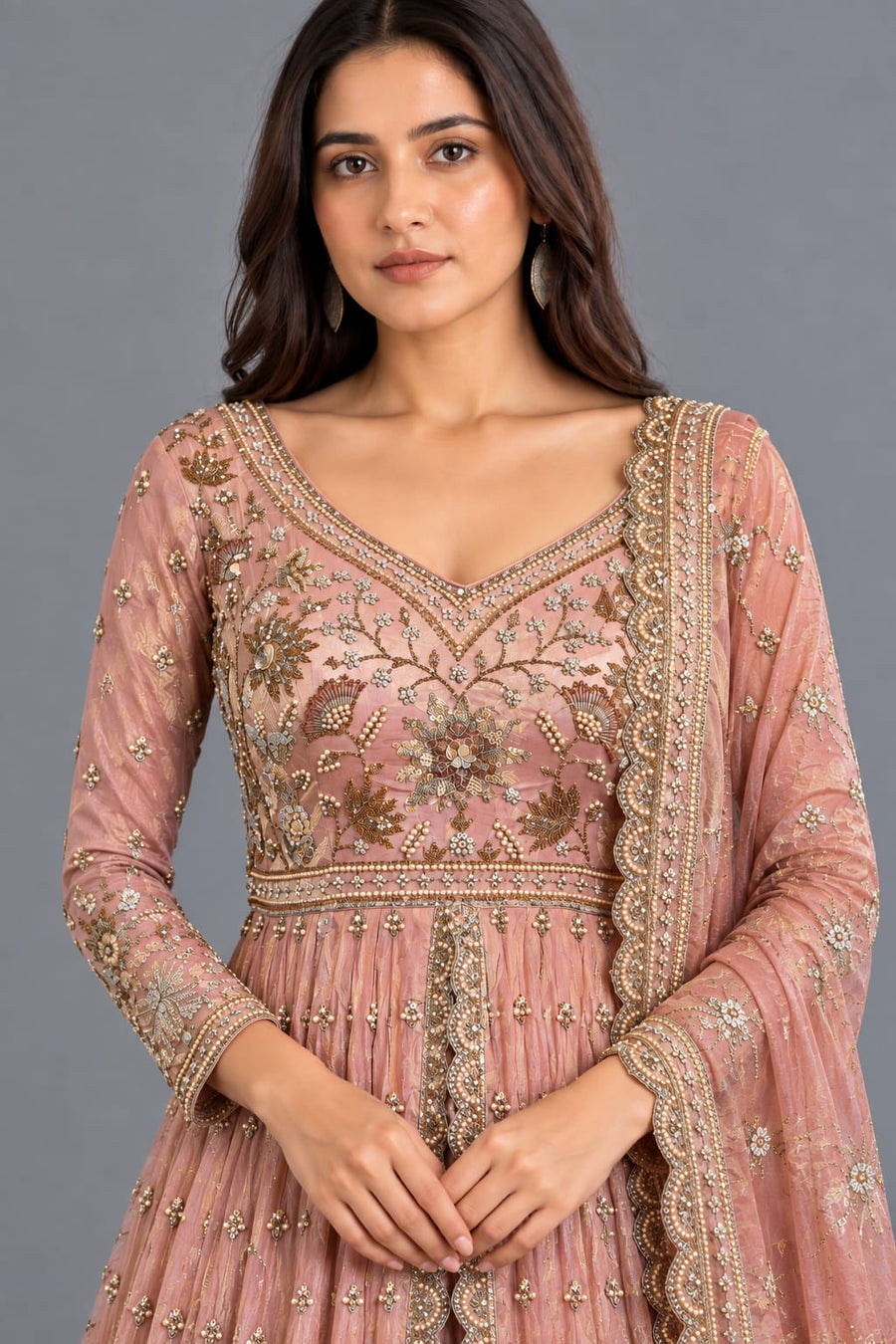 Dusty Pink Embroidered Anarkali Gown with Dupatta for Wedding Wear