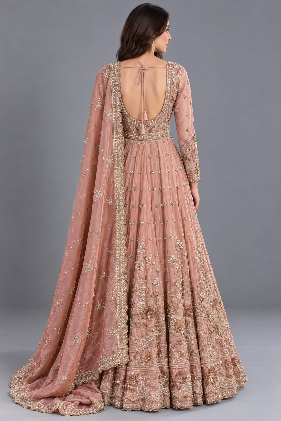 Dusty Pink Embroidered Anarkali Gown with Dupatta for Wedding Wear