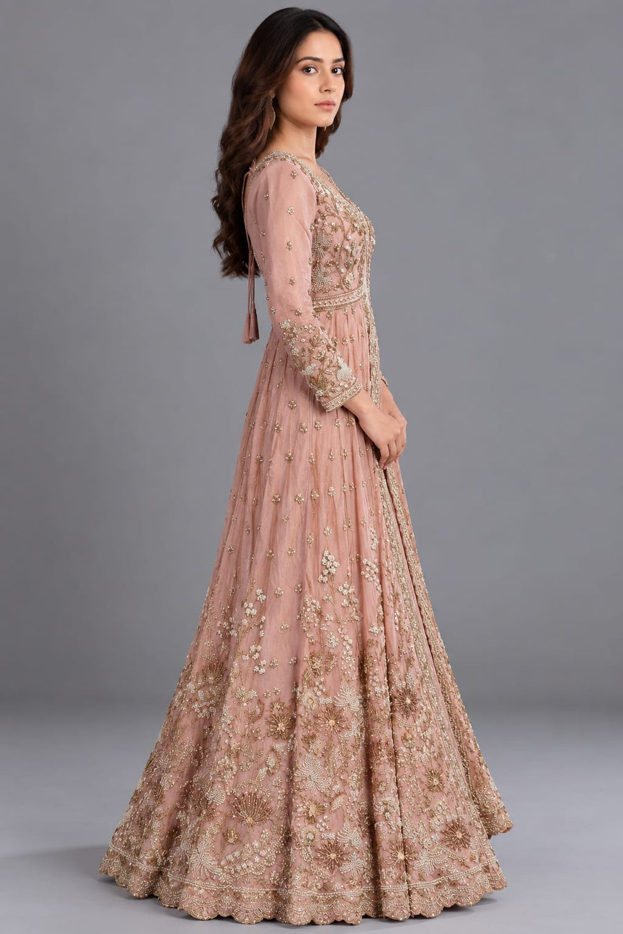 Dusty Pink Embroidered Anarkali Gown with Dupatta for Wedding Wear