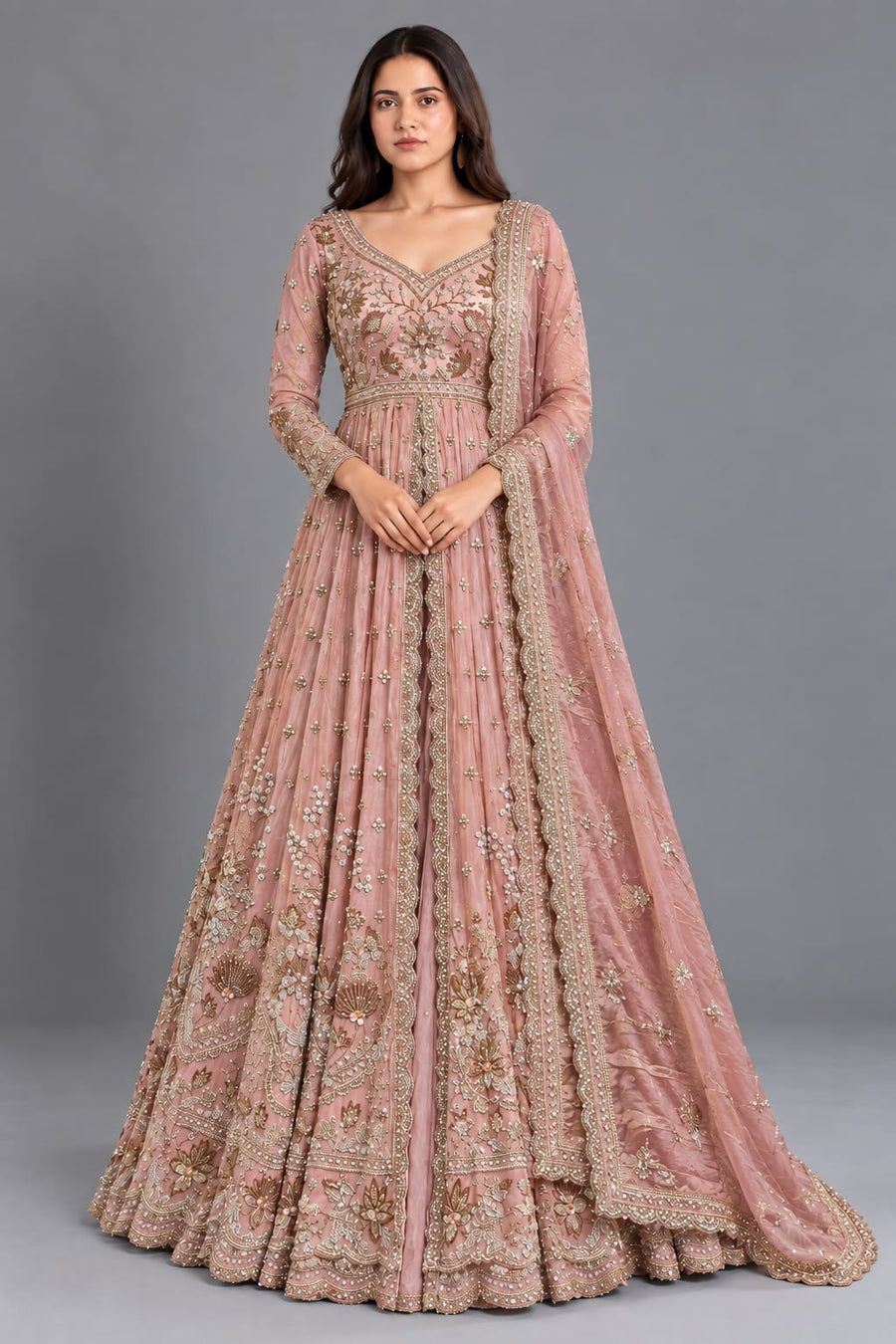 Dusty Pink Embroidered Anarkali Gown with Dupatta for Wedding Wear