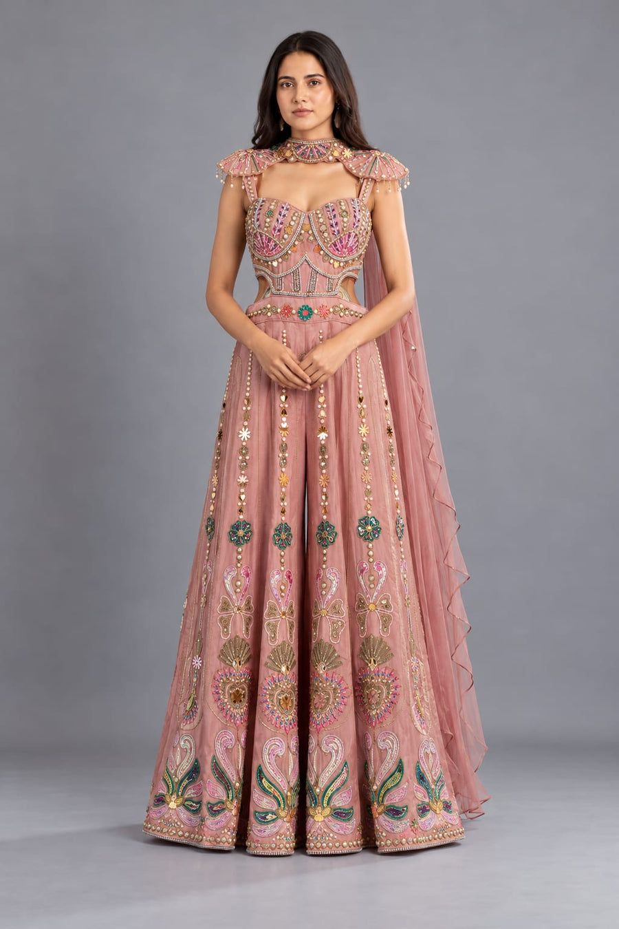 Dusty Pink Embroidered Wide-Leg Jumpsuit with Choker Dupatta