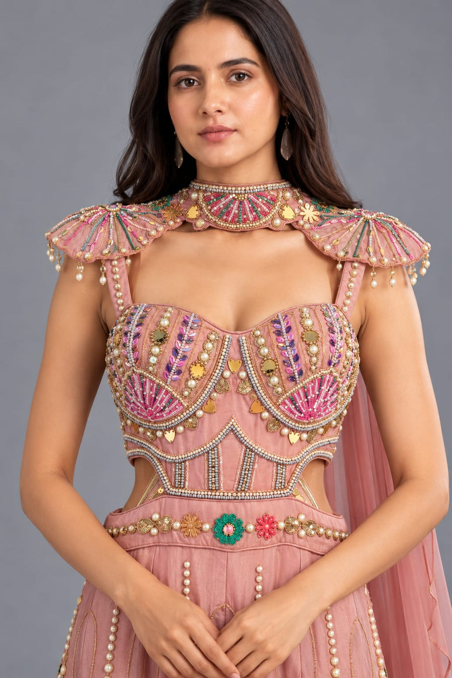 Dusty Pink Embroidered Wide-Leg Jumpsuit with Choker Dupatta