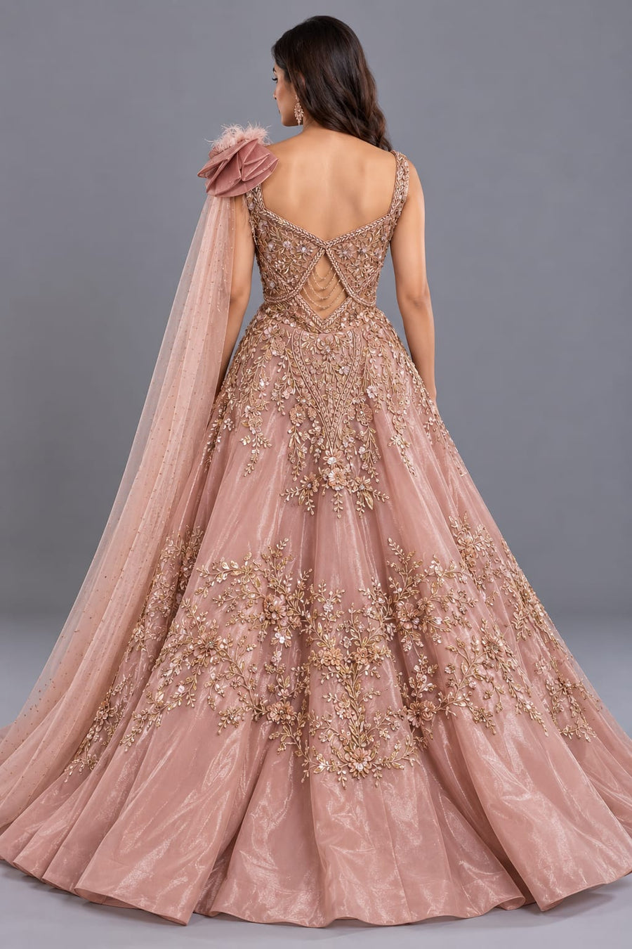 Dusty Rose Embroidered Designer Gown with Statement Shoulder Detail