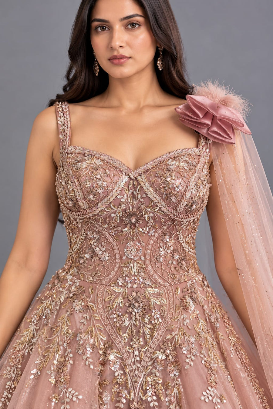 Dusty Rose Embroidered Designer Gown with Statement Shoulder Detail