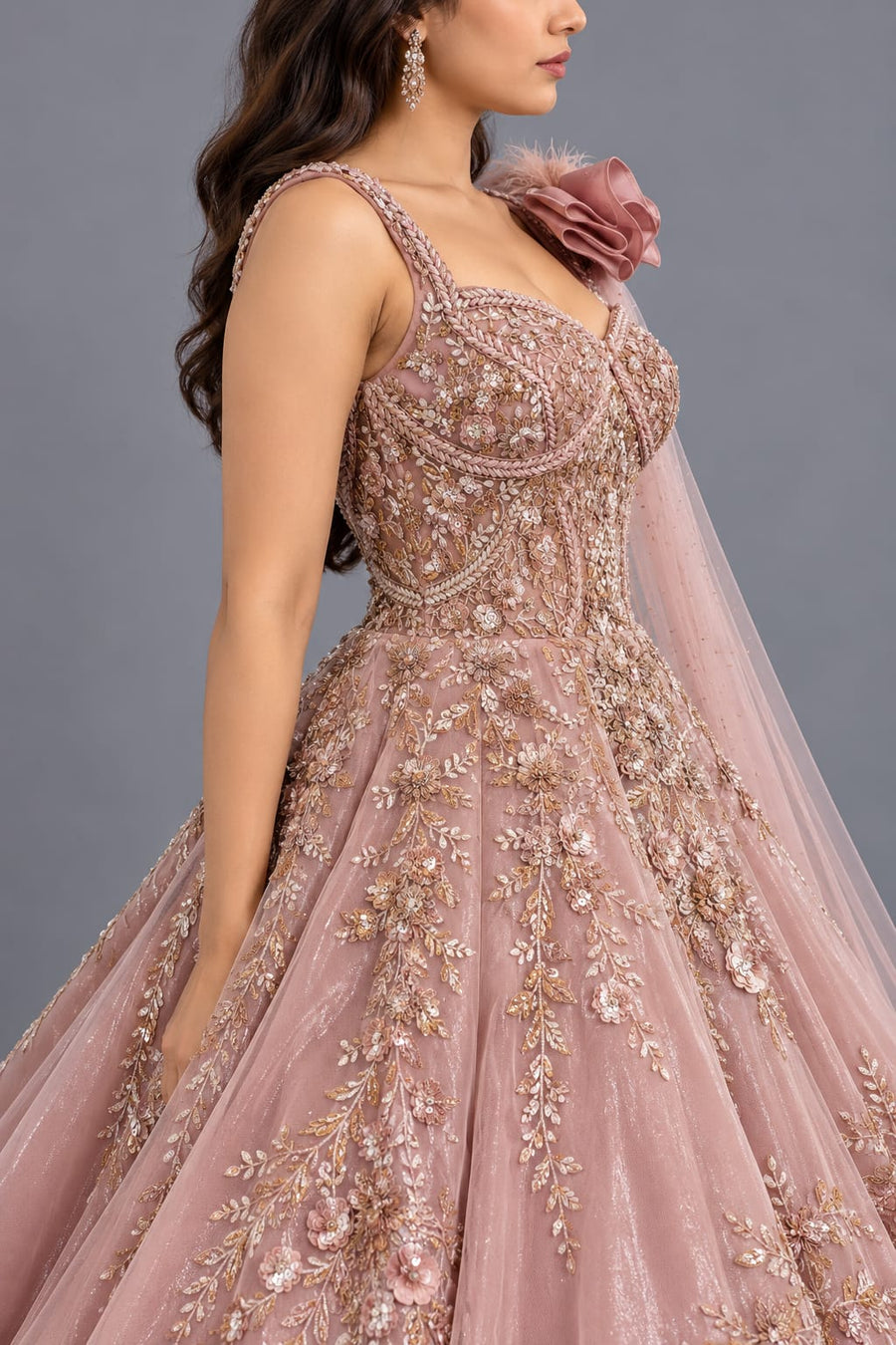 Dusty Rose Embroidered Designer Gown with Statement Shoulder Detail