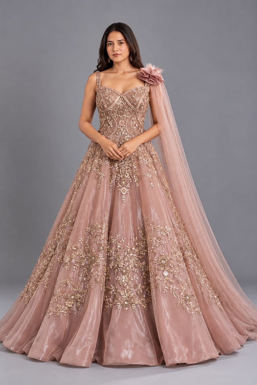 Dusty Rose Embroidered Designer Gown with Statement Shoulder Detail