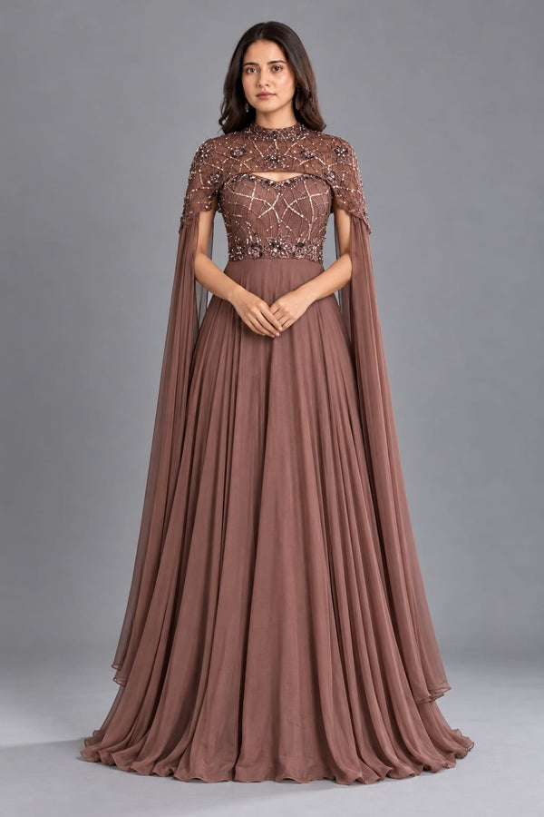 Dusty Rose Embroidered Gown with Flowing Cape Sleeves