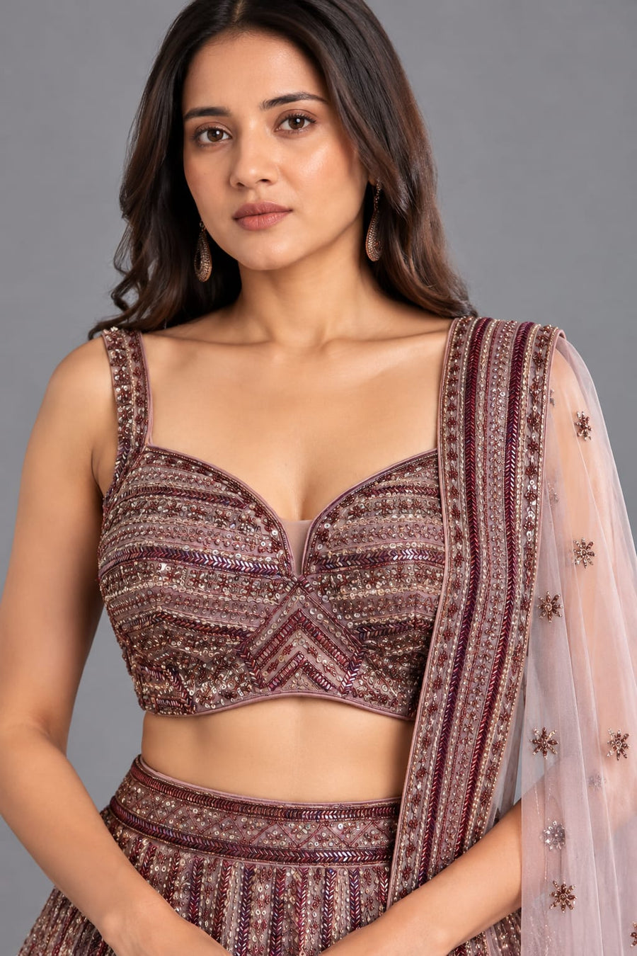 Dusty Rose Embroidered Lehenga Choli with Dupatta for Engagement Wear