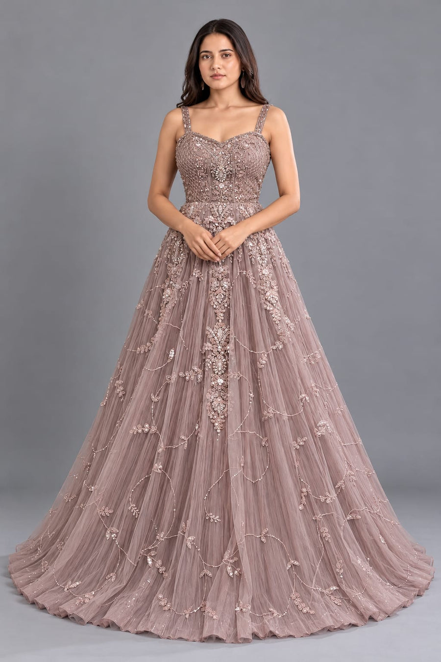 Dusty Rose Embroidered Net Gown with Sweetheart Neckline